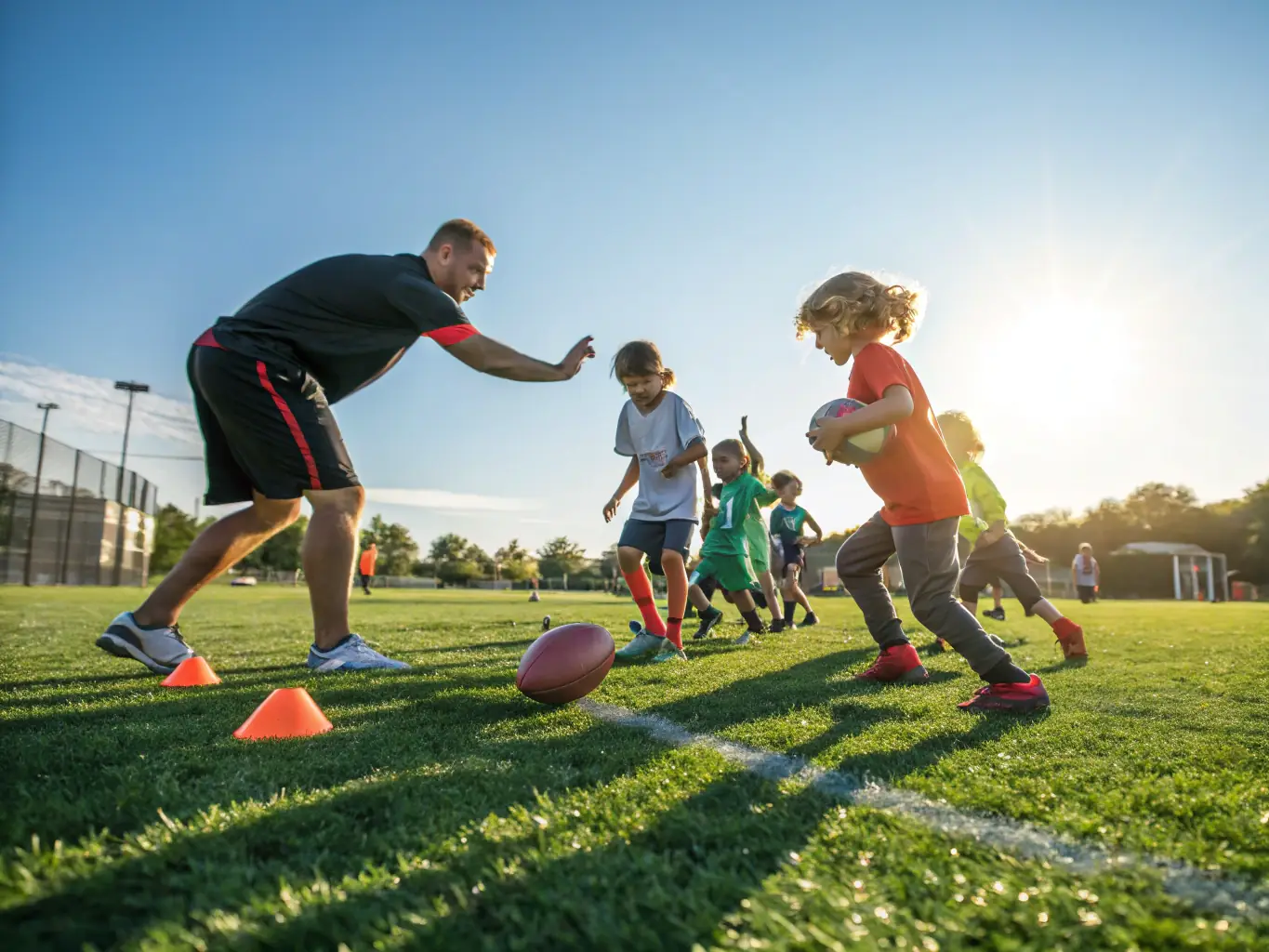 A vibrant image of children participating in a football training session, showcasing the energy and enthusiasm of the RUFFIAC MALESTROIT FOOT program. The children are wearing sports attire and are actively engaged in a drill, with coaches providing guidance.