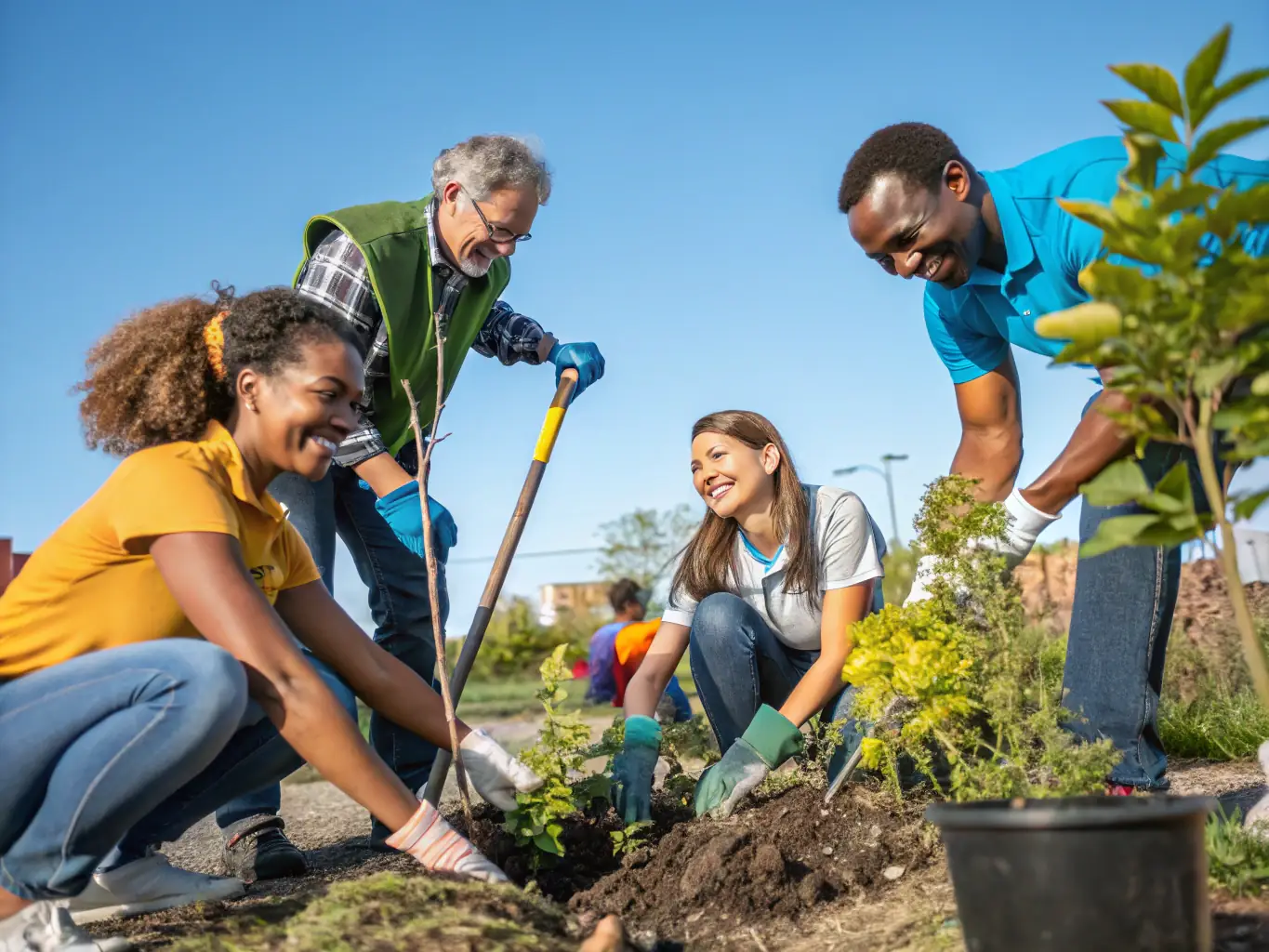 A group of volunteers and staff members of RUFFIAC MALESTROIT FOOT working together on a community project, highlighting the organization's commitment to social responsibility. The volunteers are smiling and appear to be enjoying their work.