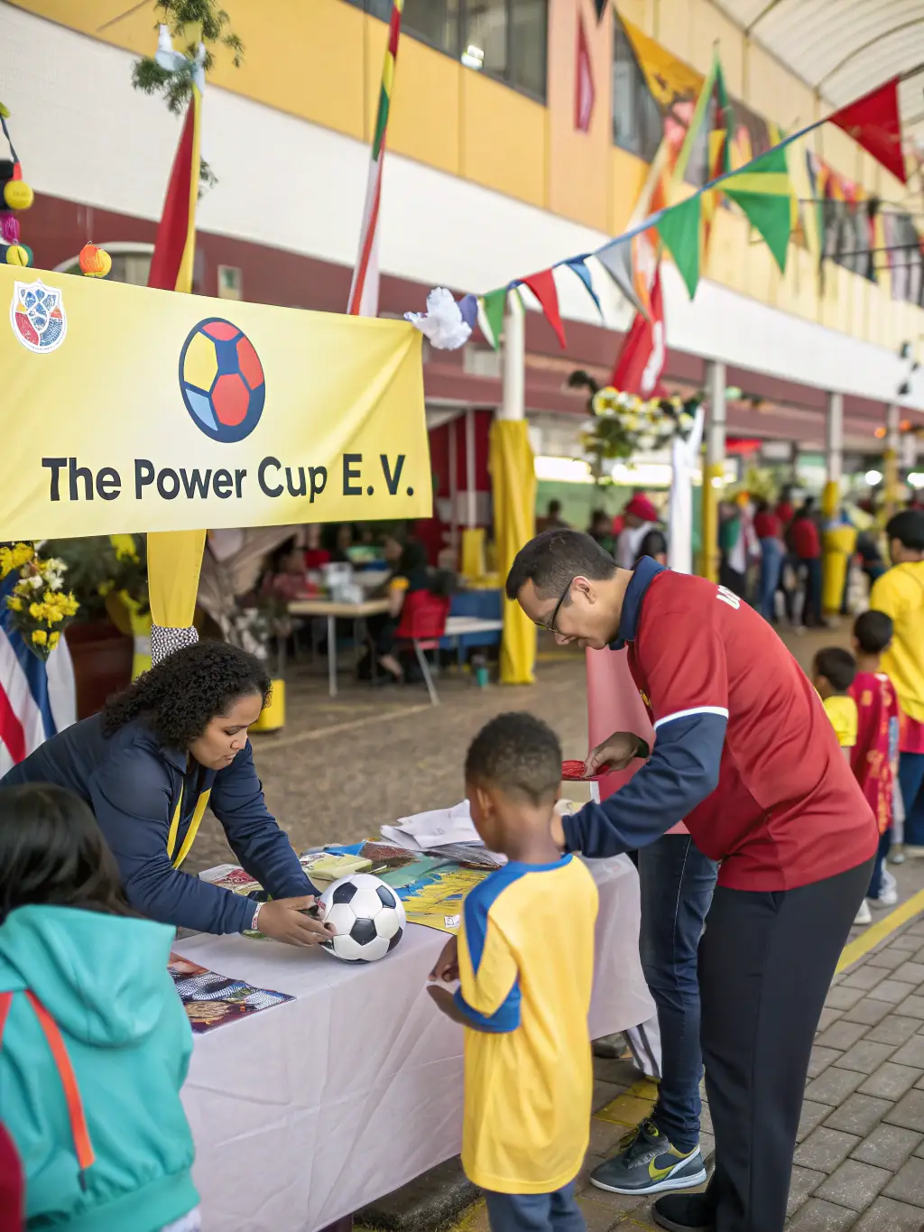 A heartwarming image of Ruffiac Malestroit Foot volunteers engaging with the community during a football-themed event, emphasizing the club's commitment to social responsibility.