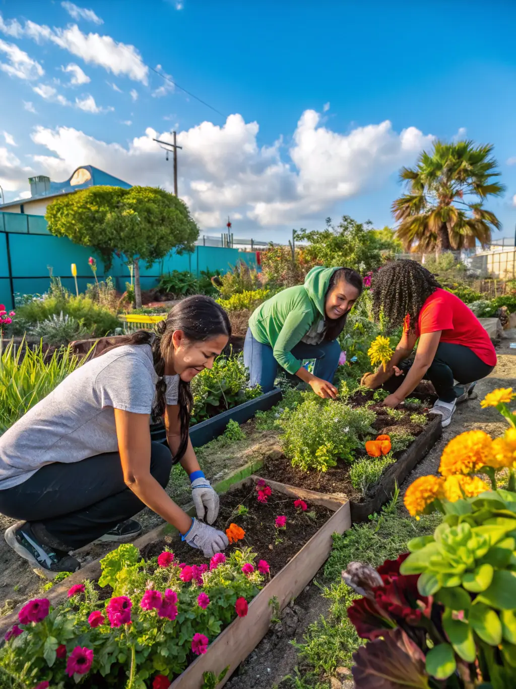 An image depicting residents participating in a community garden project at one of ADEF HABITAT's social residences, showcasing community engagement.