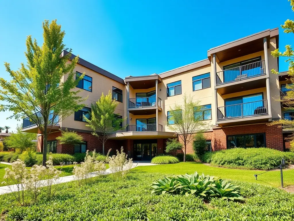 A photograph depicting a modern, well-maintained apartment building managed by ADEF HABITAT, with residents visible on balconies, creating a sense of community and security.