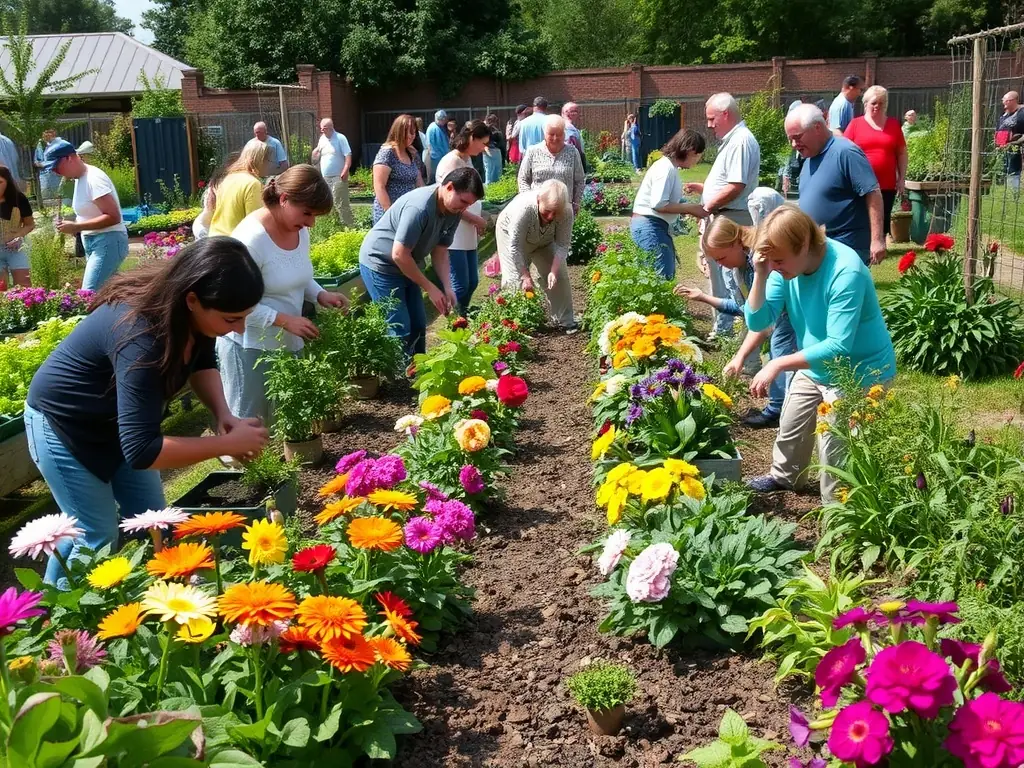 A photograph of residents participating in a community event organized by ADEF HABITAT, such as a gardening project or a social gathering, showcasing the organization's commitment to community engagement.