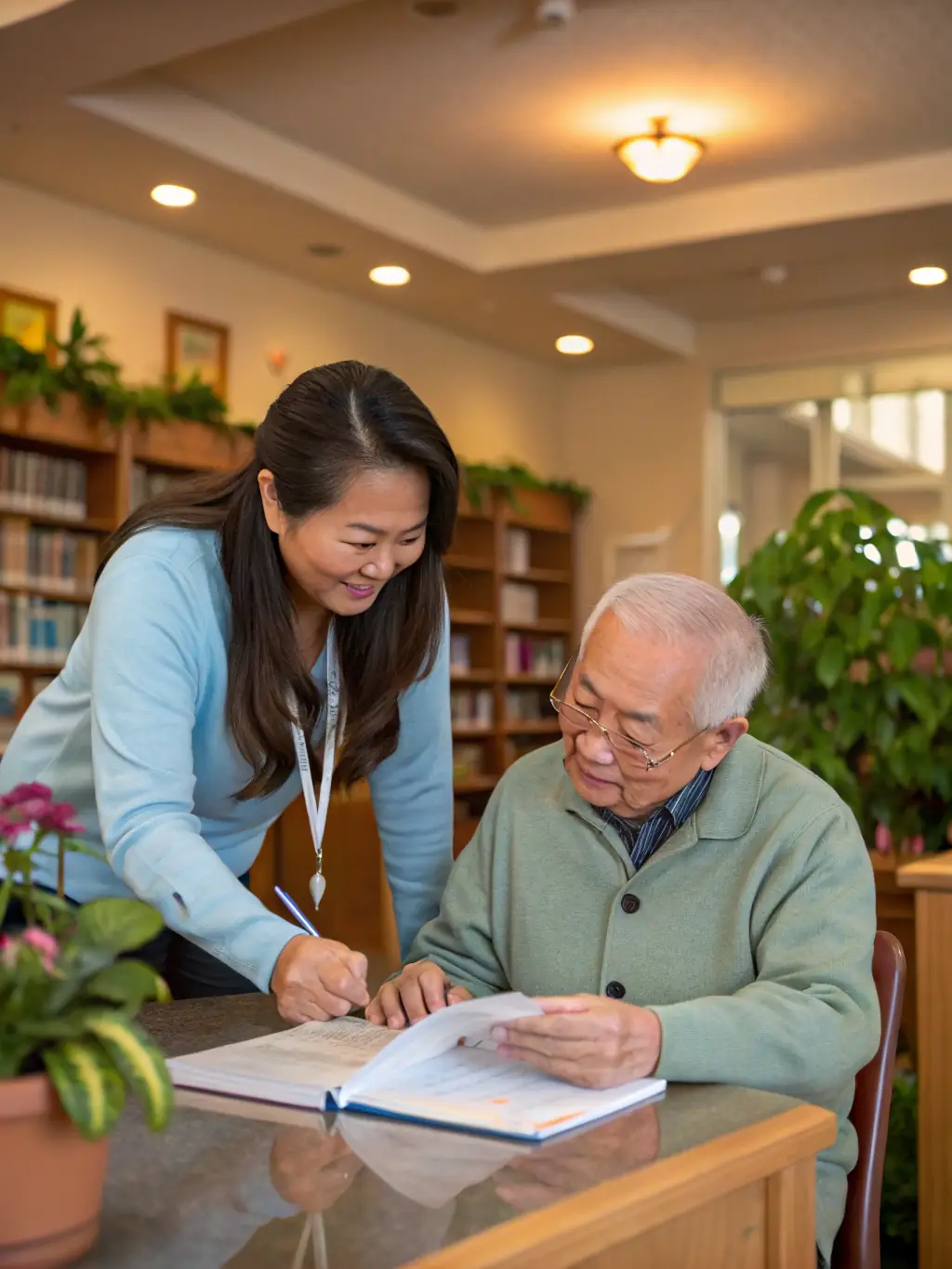 An image of a social worker interacting with a resident in a supportive and caring manner, highlighting the support services provided.