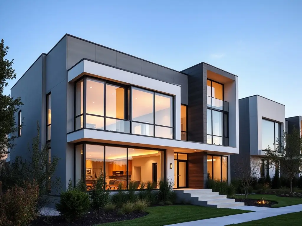 A photograph depicting a modern social residence building with well-maintained landscaping, showcasing a safe and welcoming environment for residents.